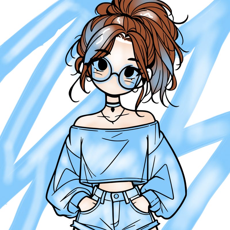 girl with a messy ponytail glasses a baggy crop top and jean shorts