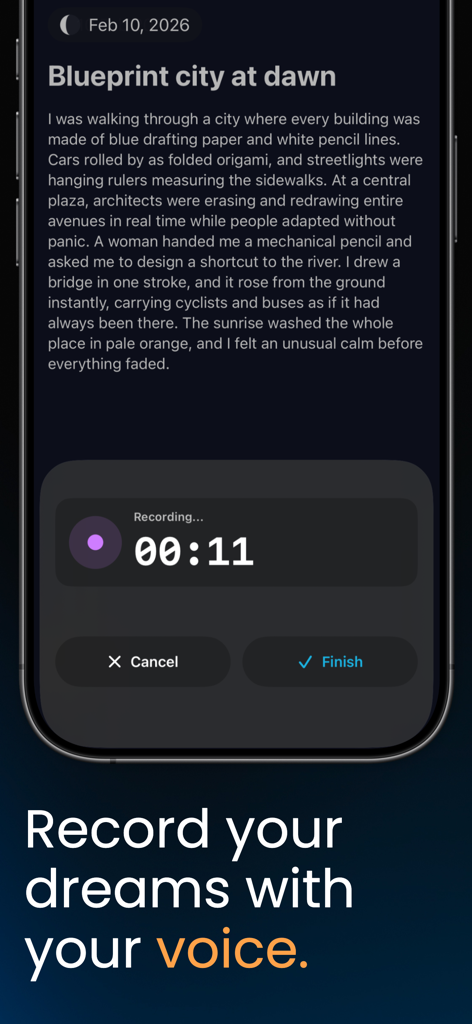 Dreamy - Personal Dream Diary - A smartphone showing the Dreamy app interface with an active voice recording session over a dream journal entry.