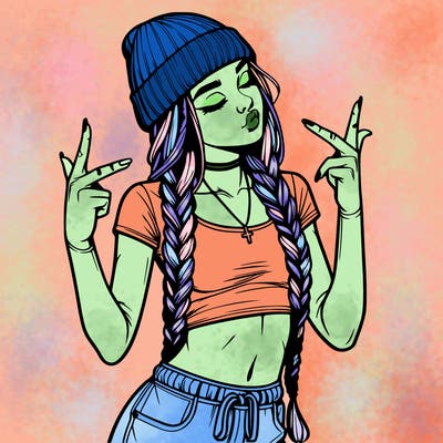 realistic teenage girl with braids and a beanie and crop top doing 🫶🏼