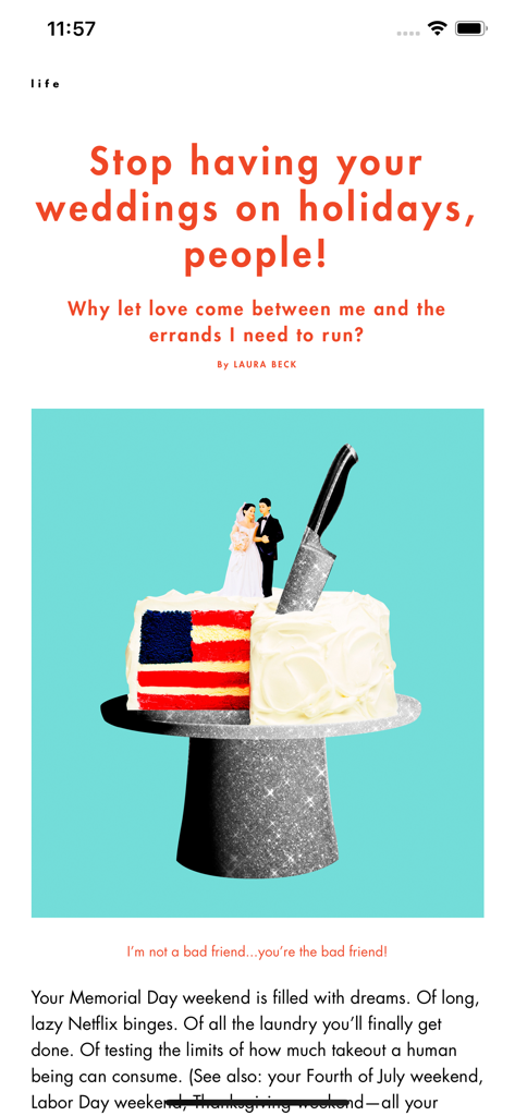 Screenshot of a Cosmopolitan Magazine US app article titled Stop having your weddings on holidays people featuring an image of an American flag wedding cake