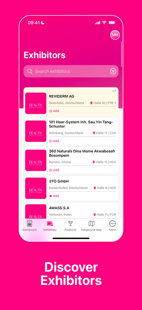 Ein Screenshot der BEAUTY DÜSSELDORF App, der das durchsuchbare Ausstellerverzeichnis mit einer Liste von Marken der Beauty-Branche und Standorten zeigt.