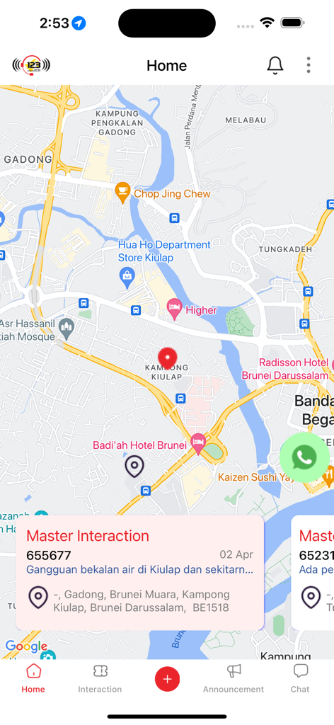 TD123 - Map interface of the TD123 app showing a reported water supply issue in Kiulap Brunei