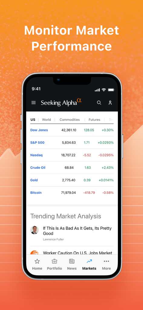 Seeking Alpha: News & Analysis - 주요 주가 지수의 시장 성과를 보여주는 Seeking Alpha 앱 인터페이스