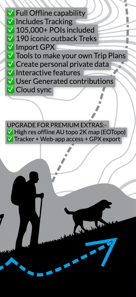 ExplorOz Traveller - List of features for the ExplorOz Traveller app highlighting offline capability tracking and outback treks