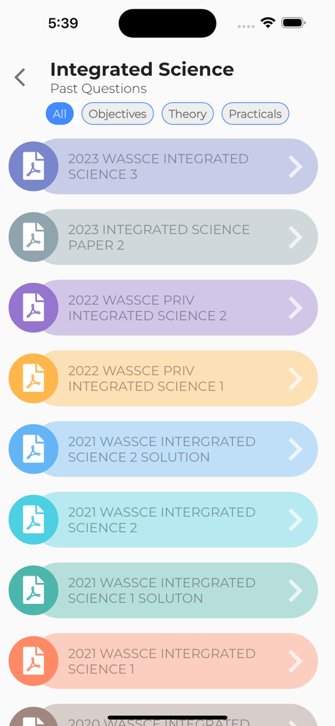 Syllabus GH - Pasco/Books/Quiz - Syllabus GH mobile app displaying a list of WASSCE Integrated Science past exam questions and solutions.