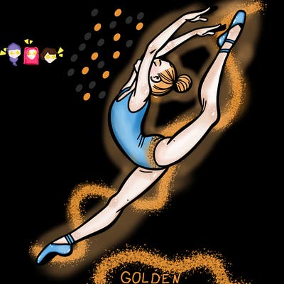 gymnast doing a leap in a leotard with a bent back leg