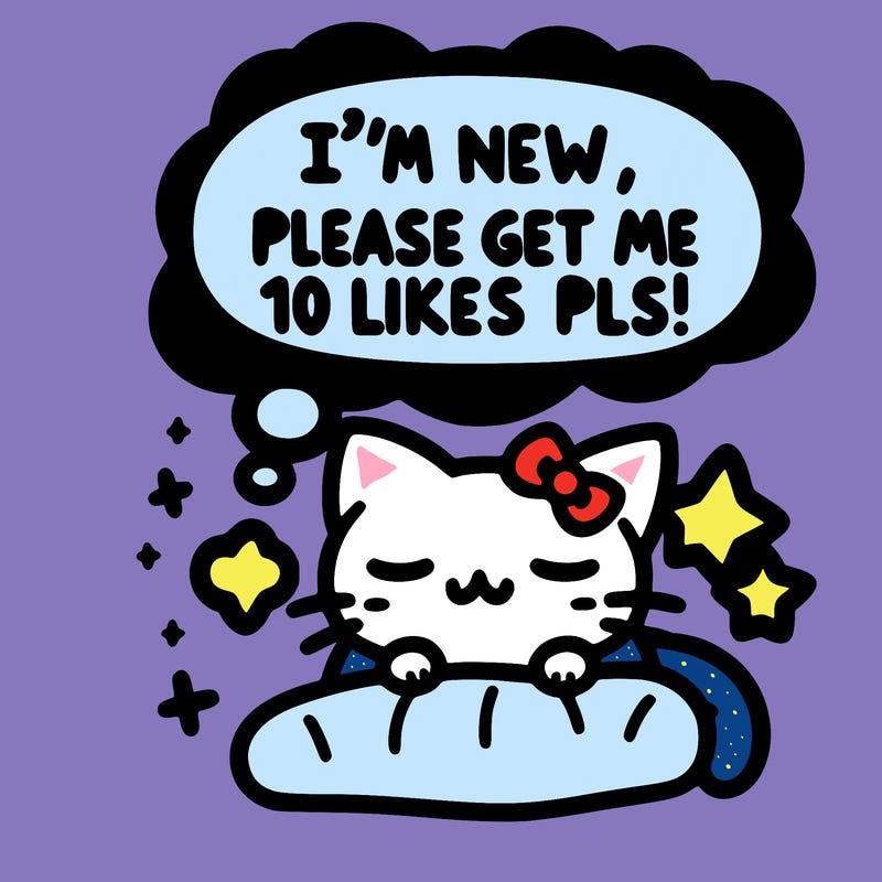 kitty taking a nap dream talking and saying "i'm new, please get me at least 10 likes pls!!"