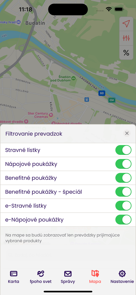 Map view with filtering options for employee benefit vouchers in the fpoho app