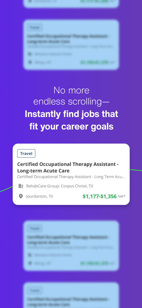 Interfaccia dell'app AMN Passport che mostra un elenco di lavori sanitari di viaggio per un terapista occupazionale certificato in Texas.