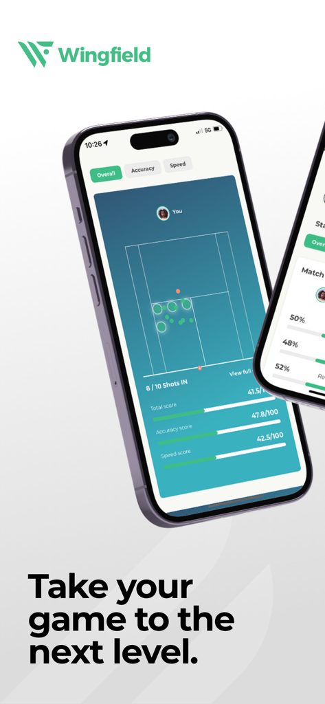 Wingfield Sports app dashboard displaying tennis shot placement and performance analytics