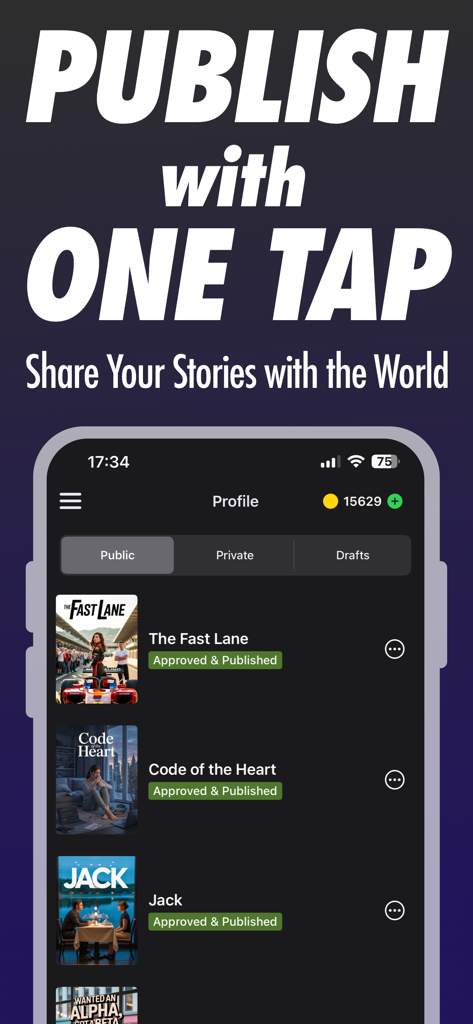 Jupi Novels & Booktok - Mobile App-Oberfläche von Jupi Novels mit einer Profilseite, die veröffentlichte Geschichten anzeigt, und einem Text-Overlay "Mit einem Tipp veröffentlichen"