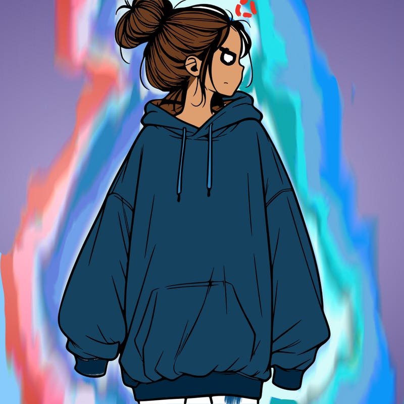 realistic girl with a oversized sweatshirt on and a bun