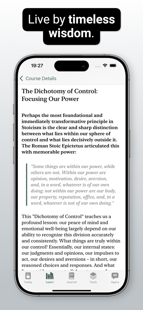 Stoicism - Praxis - A mobile screen from the Stoicism Praxis app displaying a lesson on the Dichotomy of Control with a quote from Epictetus.