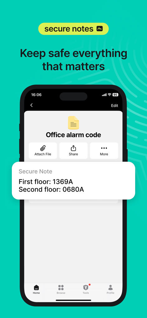 NordPass: Password Manager - オフィスアラームコード用のNordPassアプリの安全なメモを表示するスマートフォンの画面。
