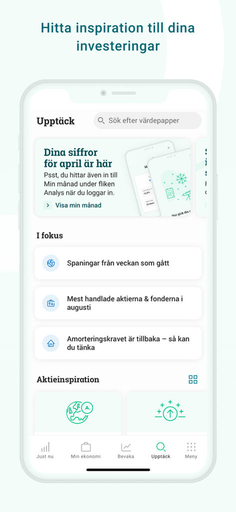 Capture d'écran de l'application Avanza sur mobile, affichant la section découverte avec des idées d'investissement et des analyses du marché boursier.