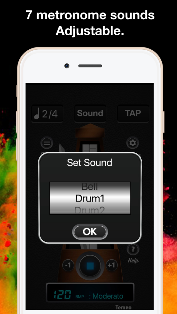 Metronome app interface showing a sound selection menu with options like Bell and Drum