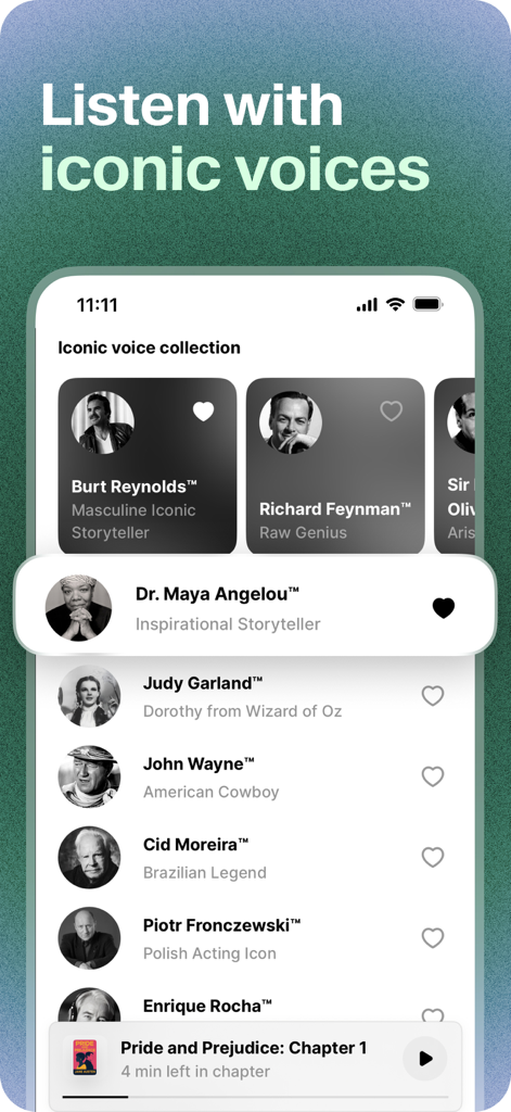 ElevenReader App-Oberfläche, die eine Liste ikonischer KI-Stimmen wie Maya Angelou und Burt Reynolds für Text-to-Speech-Erzählungen zeigt