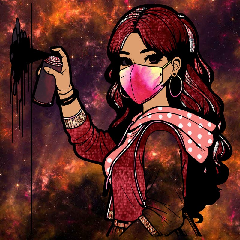 realistic girl with mask spray painting a wall