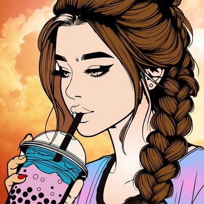 realistic girl drinking boba tea with braided hair
