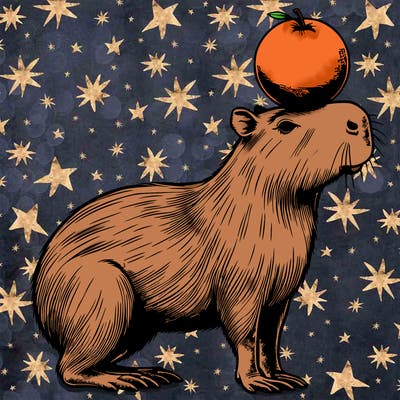 capybara that is balancing a orange on its head realistic