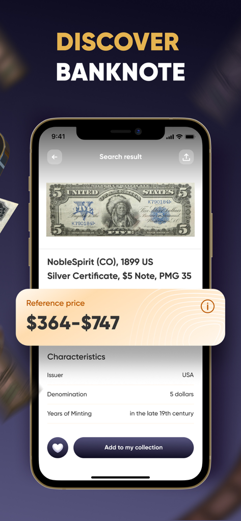 Banknote ID: Note Identifier - Die Benutzeroberfläche einer mobilen App zeigt die Identifizierung und den Referenzpreis eines 5-Dollar-Silberzertifikat-Banknote der USA von 1899.