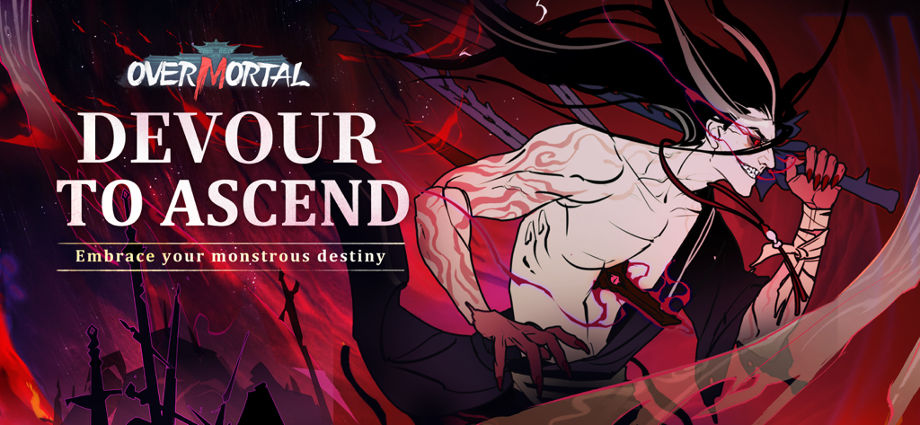 Overmortal Idle RPG promotional banner featuring a demonic character and the text Devour to Ascend