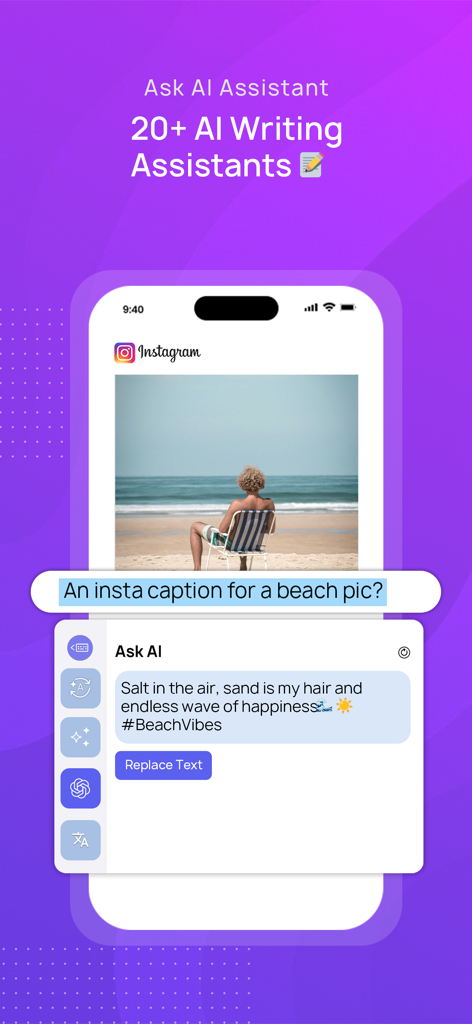 CleverType - AI Keyboard - CleverType AI keyboard assistant generating an Instagram caption for a beach photo.