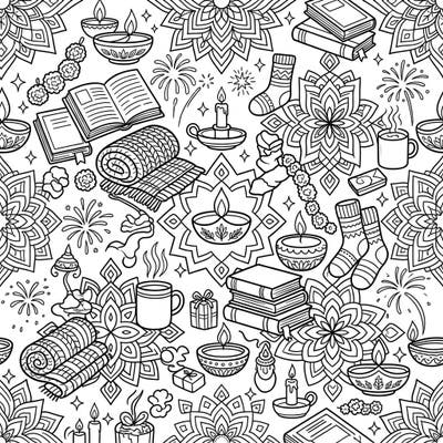 Immerse yourself in the festive spirit with this unique Diwali-themed seamless pattern. It beautifully combines traditional celebrations with comforting home and lifestyle elements, perfect for a relaxing coloring experience.