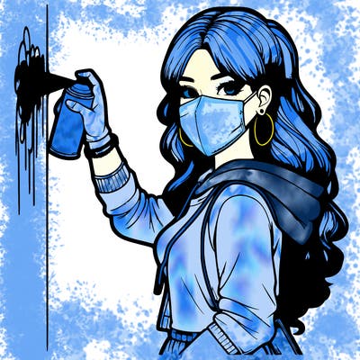 realistic girl with mask spray painting a wall