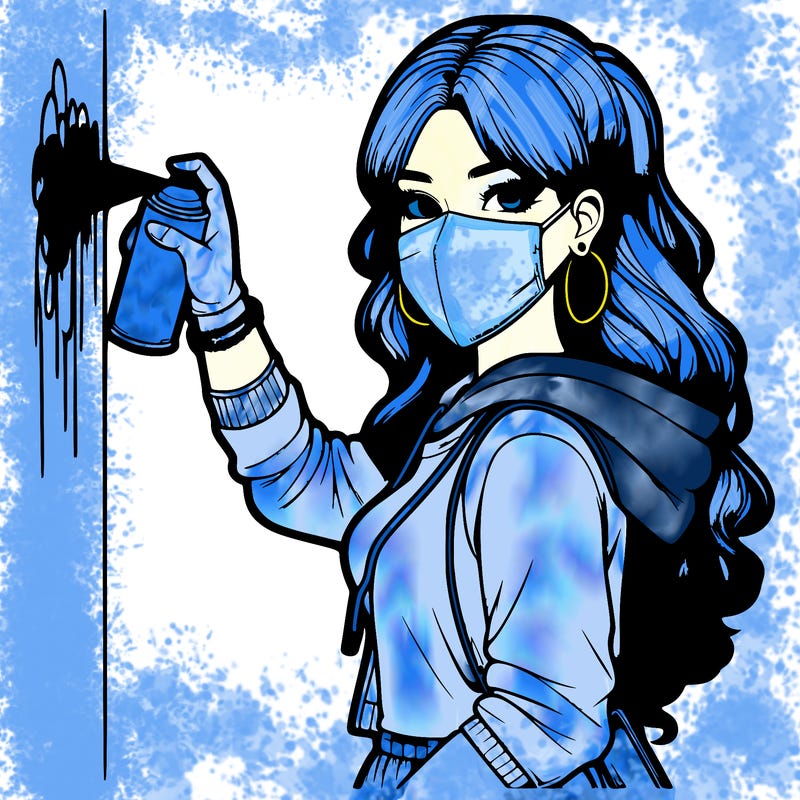 realistic girl with mask spray painting a wall