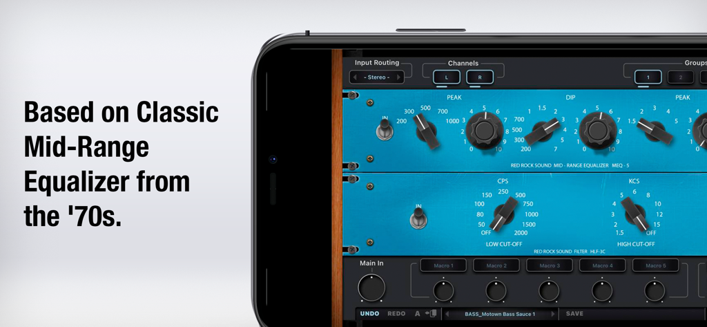 RRS MEQ-5 - RRS MEQ-5 mobile app interface showing a classic 70s style mid range equalizer with vintage blue panels and knobs