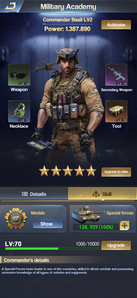 Ein Menü aus The Grand Frontier, das Kommandantenstatistiken und militärische Ausrüstung zeigt.