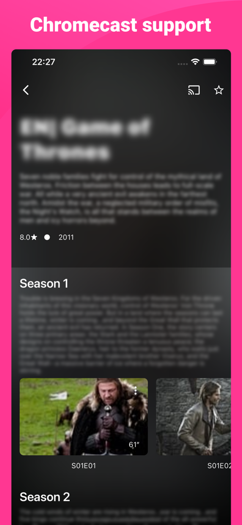 Interface de l'application IPTV Expert montrant les détails des séries et l'icône de prise en charge Chromecast