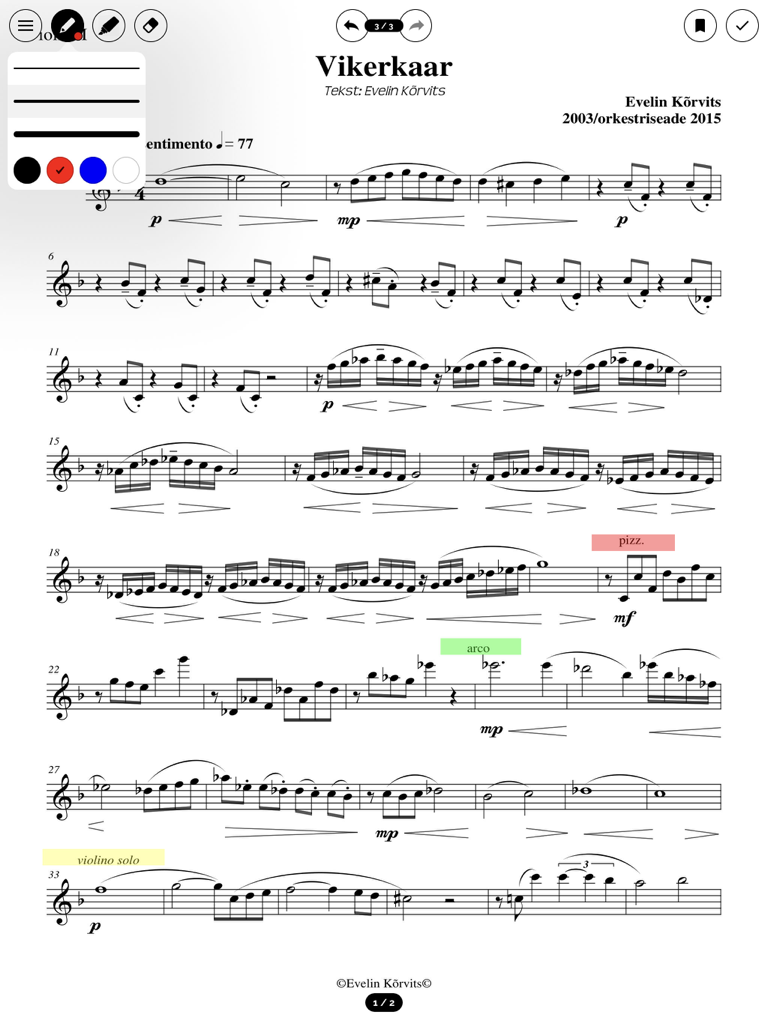 Scoremusic - Digital sheet music interface on the Scoremusic app showing colorful annotations and highlight tools.