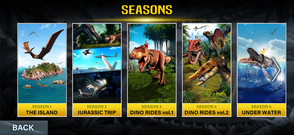 VR Jurassic - Dino Park World - Menú de selección de temporadas de VR Jurassic Dino Park World con varios modos de juego, incluyendo Paseos con Dinosaurios y aventuras submarinas