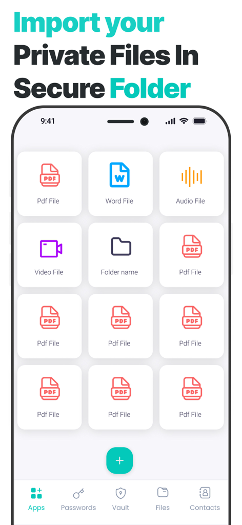 App Lock, Hide Passwords Apps - PDF Wordオーディオなどのインポートされたプライベートファイルを示すApp Lockのセキュアフォルダーのインターフェイス。