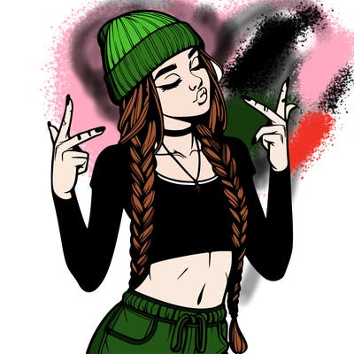 realistic teenage girl with braids and a beanie and crop top doing 🫶🏼