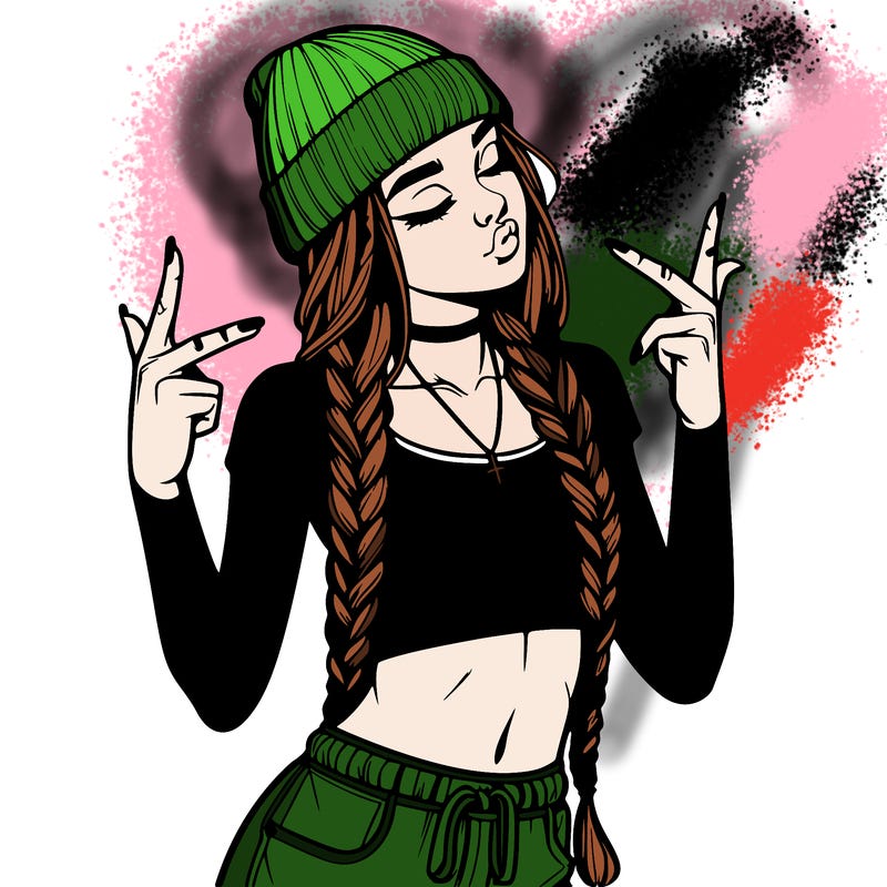 realistic teenage girl with braids and a beanie and crop top doing 🫶🏼
