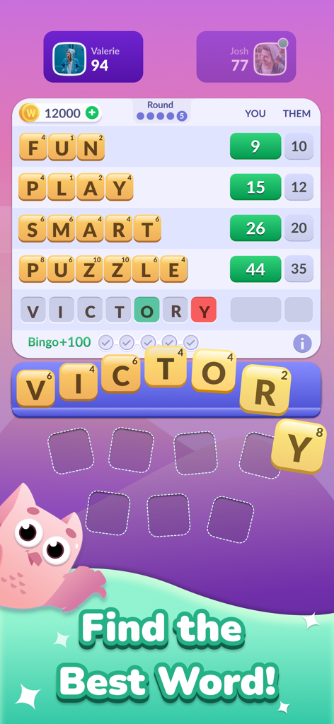 Word Roll app interface showing a head to head word puzzle match between two players.
