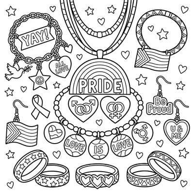 Dive into a world of colorful expression with this charming jewelry coloring page, specially designed for kids to celebrate Pride Month. Featuring an array of rings, necklaces, and symbolic charms, it's perfect for young artists to explore themes of love and diversity.