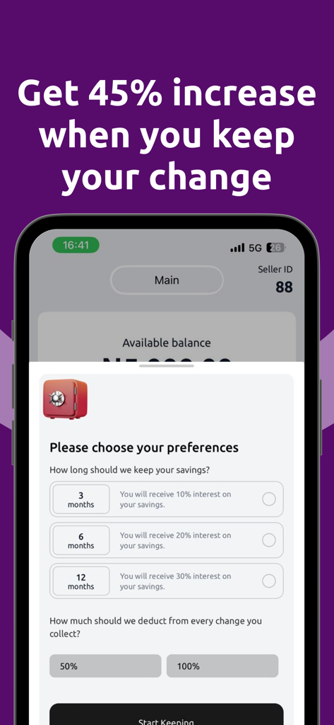 FaceCard mobile app screen showing digital change savings settings and interest rates