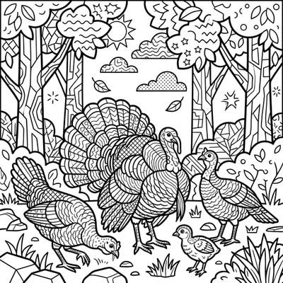 Discover the excitement of wild turkeys rendered in a vibrant Pop Art style. This unique coloring page brings a lively forest scene to your fingertips, ready for your creative touch.