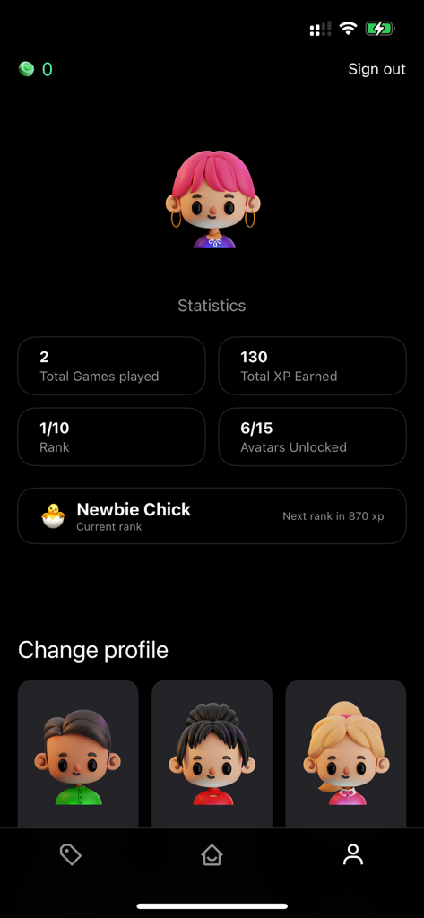 Mapfast - Guess the Country - User profile interface in Mapfast app showing game statistics and 3D avatar selection