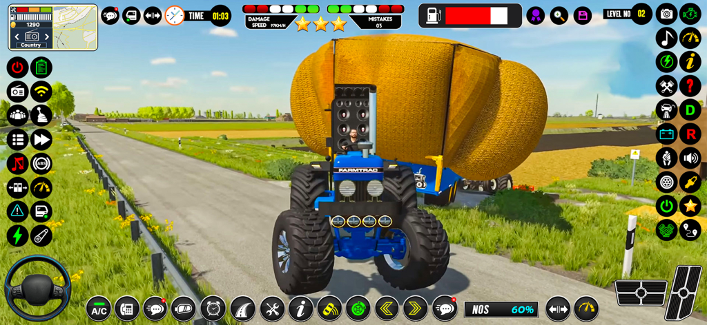 Tochan Tractors & Fields care - A blue Farmtrac tractor pulling a massive yellow bale on a rural road with various game control icons on the screen