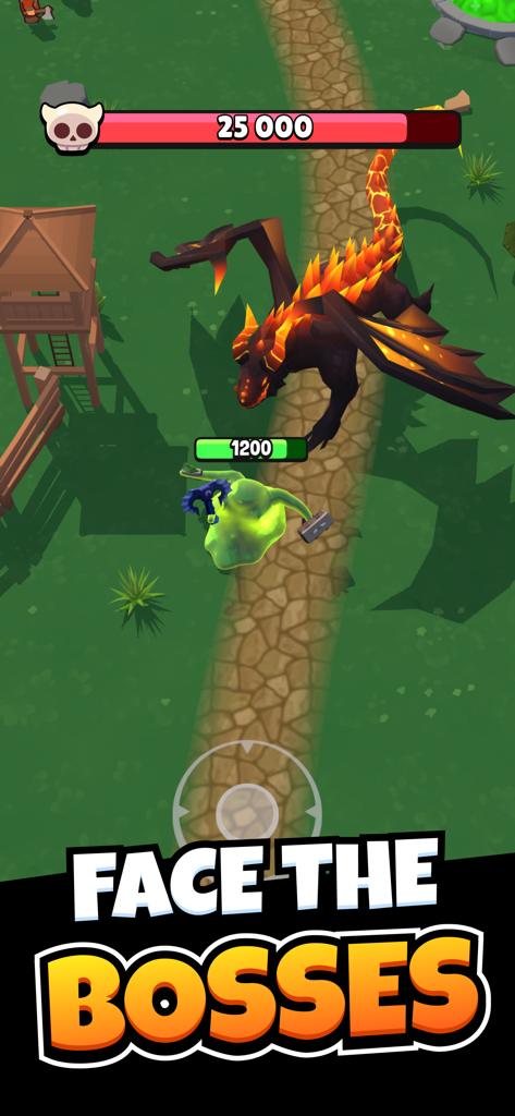 Un personaje de baba jugador luchando contra un jefe dragón de fuego gigante en Devour Idle RPG