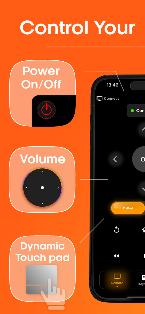 Fire TV Remote - Fire Stick - Interface do aplicativo Fire TV remote mostrando controles de energia, volume e touchpad.