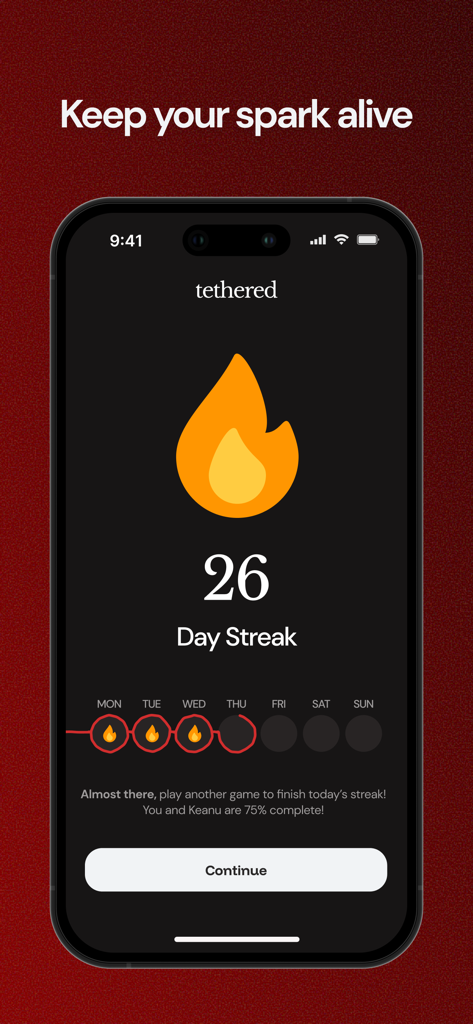 Mobile app screenshot showing a 26 day streak tracker for couples to keep their connection alive.