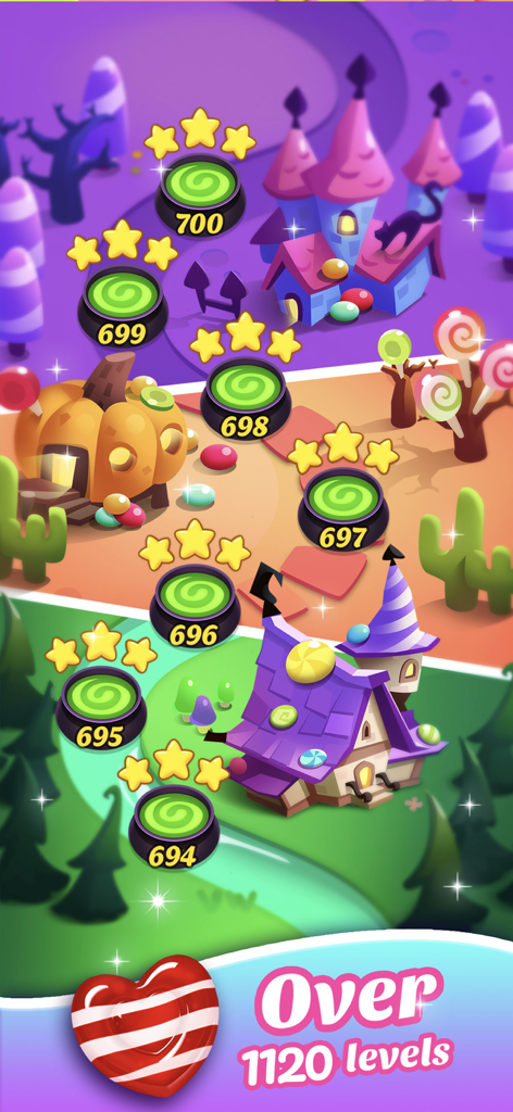 Gummy Candy Blast！Match 3 Game - Game map display for Gummy Candy Blast showing levels progression across themed worlds with stars earned
