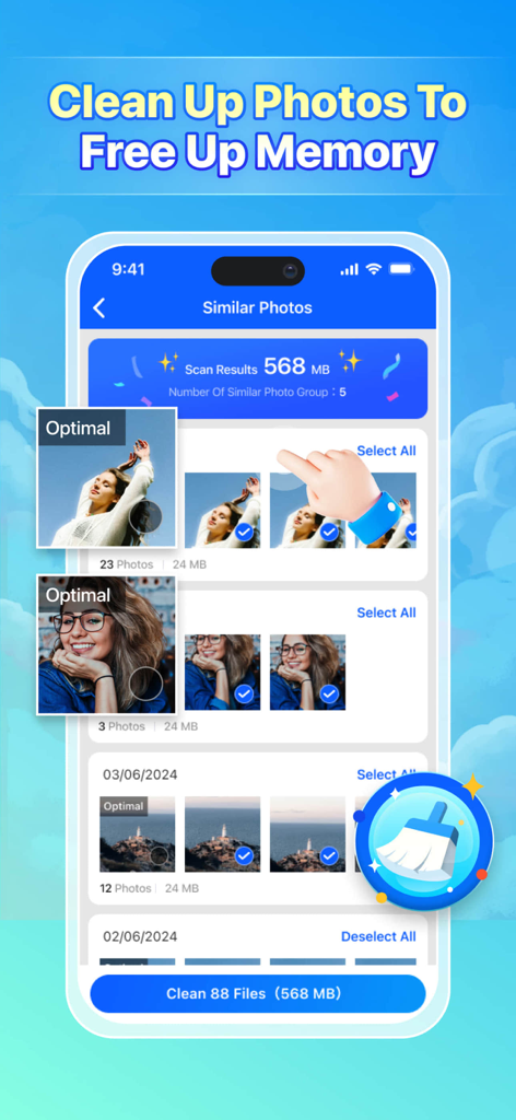 Phone Cleanerアプリのインターフェース。重複写真や動画のワンタップストレージクリーニングオプションが表示されています