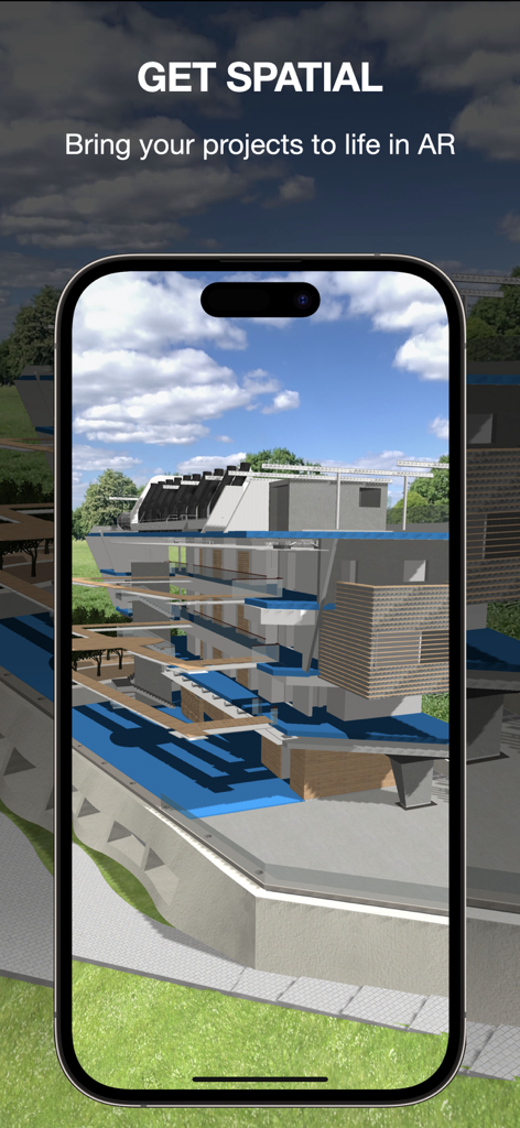 ARki: Building + Room Planner - Modelo arquitectónico 3D de un edificio mostrado en realidad aumentada en la pantalla de un smartphone
